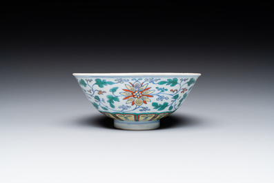 A Chinese doucai 'lotus scroll' bowl, Qianlong mark and of the period