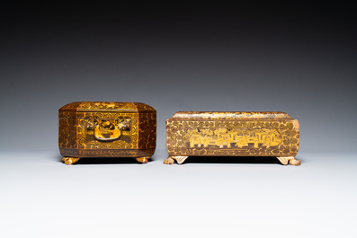 A large Chinese Canton gilt black lacquer tray, thee boxes and a fan, 19th C.