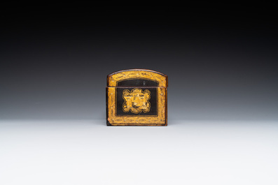 A large Chinese Canton gilt black lacquer tray, thee boxes and a fan, 19th C.