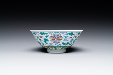 A Chinese doucai 'lotus scroll' bowl, Qianlong mark and of the period