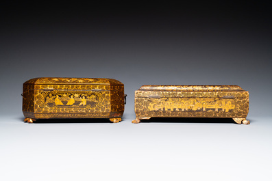 A large Chinese Canton gilt black lacquer tray, thee boxes and a fan, 19th C.