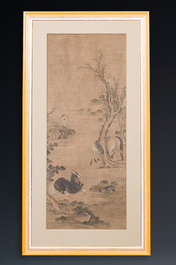 Chinese school: 'Man with two horses', ink and colour on silk, 18/19th C.