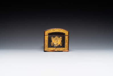 A large Chinese Canton gilt black lacquer tray, thee boxes and a fan, 19th C.