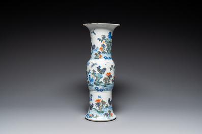 A Chinese doucai 'gu' vase with roosters, Qianlong mark, 19th C.