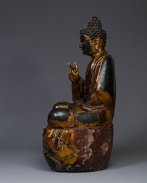 A fine and large Japanese gilt-lacquered wooden sculpture of a Buddha Shaka, Edo