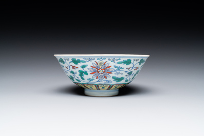 A Chinese doucai 'lotus scroll' bowl, Qianlong mark and of the period