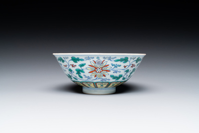 A Chinese doucai 'lotus scroll' bowl, Qianlong mark and of the period