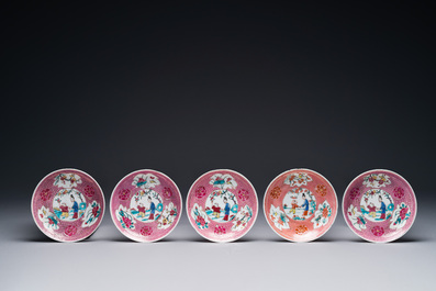 Five Chinese famille rose cups and saucers with figures, Yongzheng