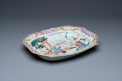 A large octagonal Chinese famille rose 'mandarin subject' dish, Qianlong