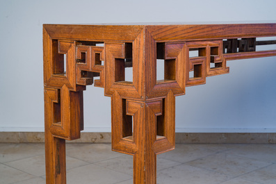 A large Chinese elm wood 'tiaoan' with geometric design, 19/20th C.