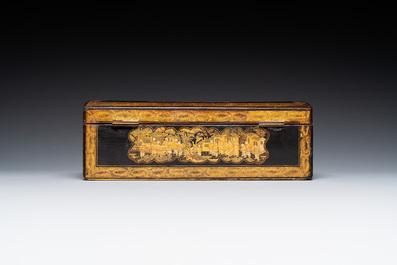 A large Chinese Canton gilt black lacquer tray, thee boxes and a fan, 19th C.