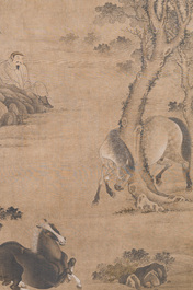 Chinese school: 'Man with two horses', ink and colour on silk, 18/19th C.