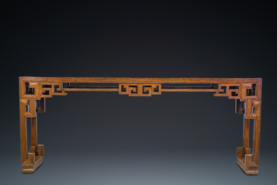 A large Chinese elm wood 'tiaoan' with geometric design, 19/20th C.
