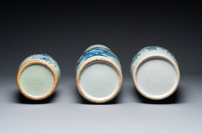 Three Chinese celadon-ground blue and white vases and two famille rose jars, 19/20th C.