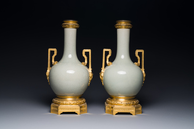 A pair of Chinese ge-type vases with gilt bronze mounts, 19th C.