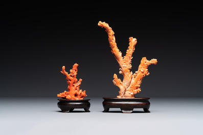Two Chinese red coral groups of birds among flowers, 19/20th C.