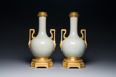 A pair of Chinese ge-type vases with gilt bronze mounts, 19th C.