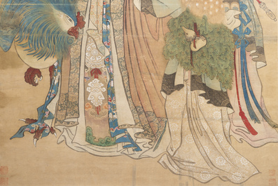 Chinese school: 'Presenting peaches to Xiwangmu', ink and colour on silk, 19th C.