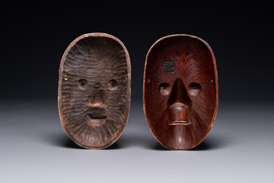 Two fine Japanese Noh masks of 'Waka Onna' and 'Manbi', Meiji, 19th C.