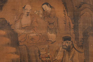 Chinese school: 'Luohan in the mountains', ink and colour on silk, 18th C.