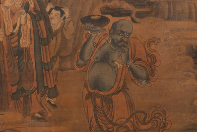 Chinese school: 'Luohan in the mountains', ink and colour on silk, 18th C.