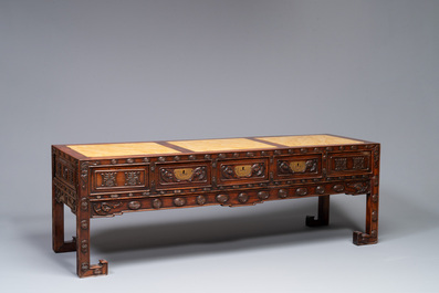 A Chinese carved wooden stand and a low table with marble tops, 19th C.