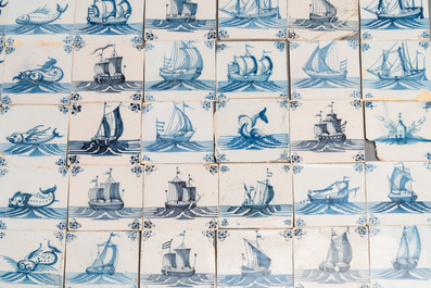 92 blue and white Dutch Delft tiles with sea monsters and ships, 18th C.