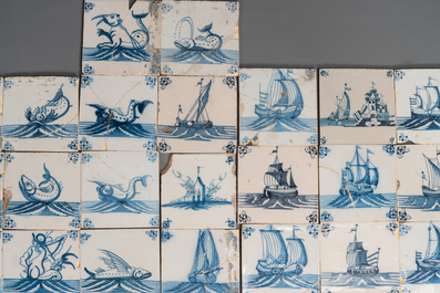 92 blue and white Dutch Delft tiles with sea monsters and ships, 18th C.