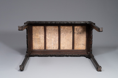 A rectangular Chinese carved wooden console table with a pink marble top, 19th C.