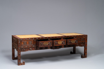 A Chinese carved wooden stand and a low table with marble tops, 19th C.