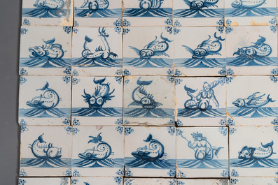 92 blue and white Dutch Delft tiles with sea monsters and ships, 18th C.