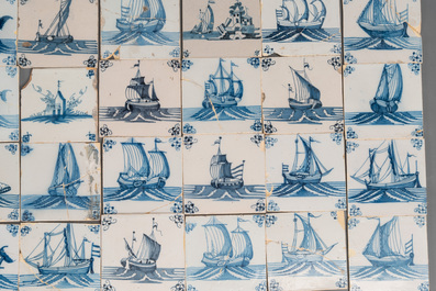92 blue and white Dutch Delft tiles with sea monsters and ships, 18th C.