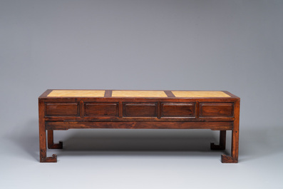 A Chinese carved wooden stand and a low table with marble tops, 19th C.