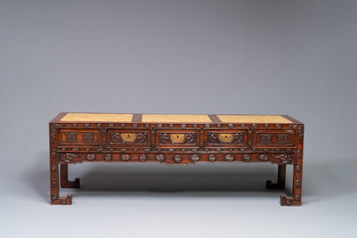 A Chinese carved wooden stand and a low table with marble tops, 19th C.