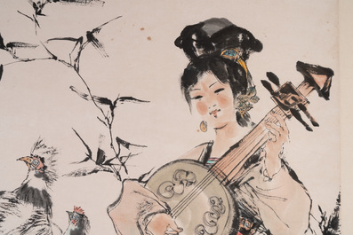 Cheng Shifa 程十发 (1921-2007): 'Pipa playing lady and two eagles', ink and colour on paper, dated 1988