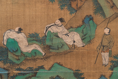 Chinese school: 'Gathering by the mountain', ink and colour on silk, 18/19th C.