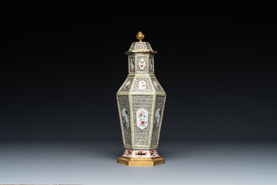 A hexagonal Chinese famille rose vase and cover with gilt bronze mounts, Qianlong