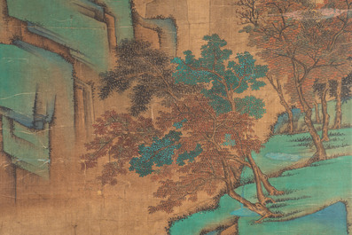 Chinese school: 'Gathering by the mountain', ink and colour on silk, 18/19th C.