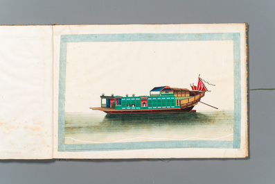 A rare album with Chinese rice paper paintings of 'Hong' views, figures and ships, Canton, Foekhing New Street No. 1, 19/20th century