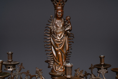 A Flemish or Dutch bronze Gothic Revival large bronze 'Madonna and Child' chandelier, 19th C.