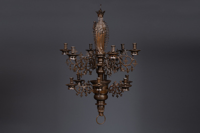 A Flemish or Dutch bronze Gothic Revival large bronze 'Madonna and Child' chandelier, 19th C.