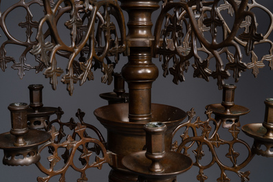 A Flemish or Dutch bronze Gothic Revival large bronze 'Madonna and Child' chandelier, 19th C.