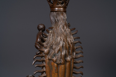 A Flemish or Dutch bronze Gothic Revival large bronze 'Madonna and Child' chandelier, 19th C.