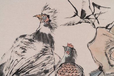 Cheng Shifa 程十发 (1921-2007): 'Pipa playing lady and two eagles', ink and colour on paper, dated 1988