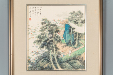 Pu Xinyu 溥心畬 (1896-1963): 'Cat and rabbit' and Wu Xizeng 吳熙曾 (1904-1972): 'Landscape', ink and colour on paper