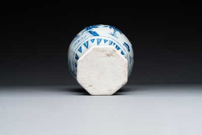 A Chinese blue and white octagonal 'Jia Guan Jin Jue 加官晉爵' vase, Transitional period