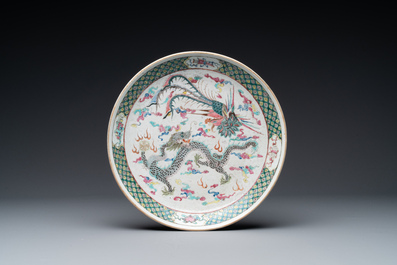 A Chinese famille verte dish, a famille rose basin and a dish, 19th C.