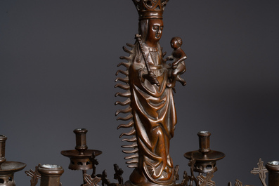 A Flemish or Dutch bronze Gothic Revival large bronze 'Madonna and Child' chandelier, 19th C.