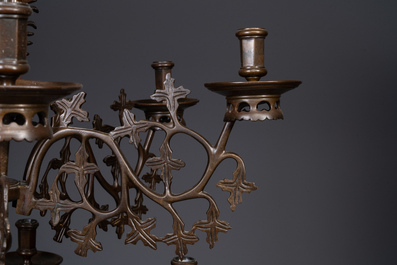 A Flemish or Dutch bronze Gothic Revival large bronze 'Madonna and Child' chandelier, 19th C.