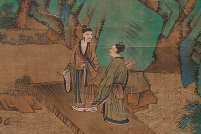 Chinese school: 'Gathering by the mountain', ink and colour on silk, 18/19th C.